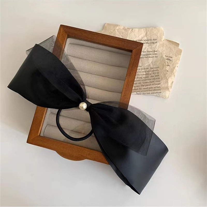 Frânghie de păr cu fundă de perle din tifon de lux cu temperament francez Suporturi de coadă de cal retro de înaltă calitate Corzi Accesorii de păr pentru femei