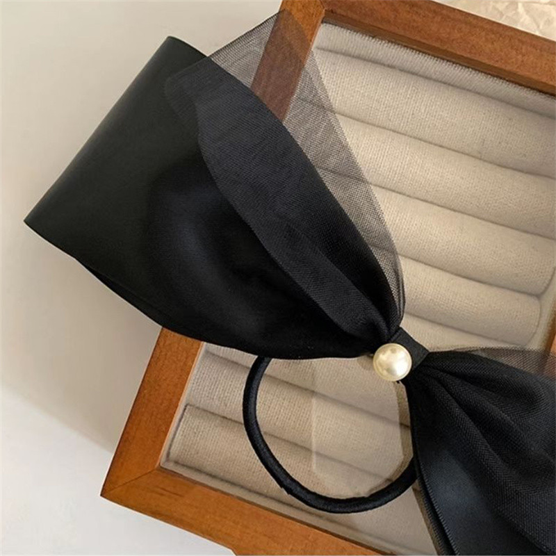 Frânghie de păr cu fundă de perle din tifon de lux cu temperament francez Suporturi de coadă de cal retro de înaltă calitate Corzi Accesorii de păr pentru femei