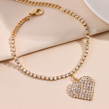 Bling Rhinestone Тенис верига Гривна за глезени Модерна буква LOVE Heart Charm Анкета за жени Летни сандали Крака Бижута за крака