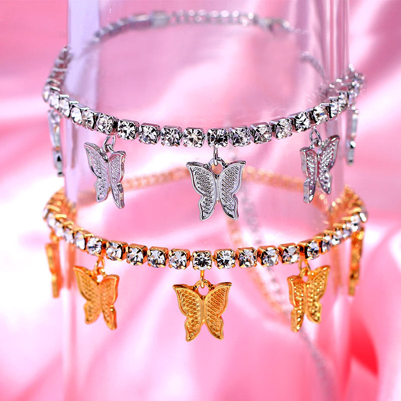 Nouă moda auriu argint culoare stras tenis tenis bijuterii pentru femei cristal fluture pandantiv gleznă plajă picior lanț