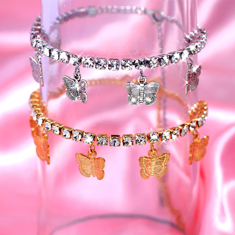 Nouă moda auriu argint culoare stras tenis tenis bijuterii pentru femei cristal fluture pandantiv gleznă plajă picior lanț
