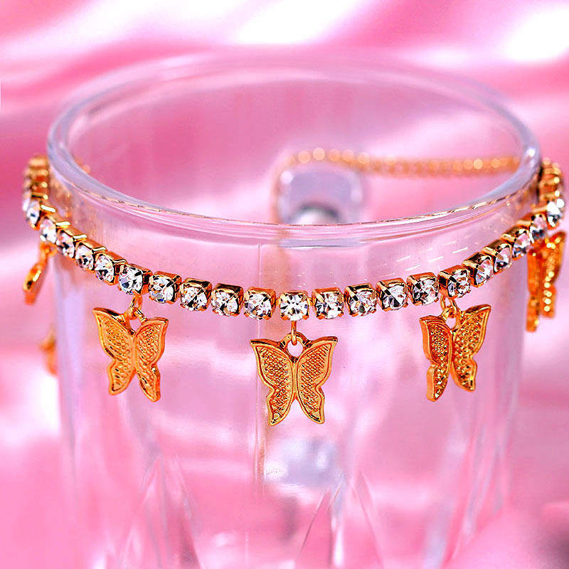 Nouă moda auriu argint culoare stras tenis tenis bijuterii pentru femei cristal fluture pandantiv gleznă plajă picior lanț