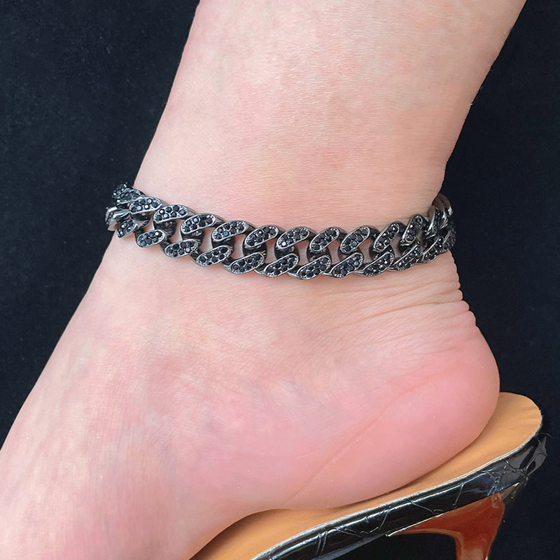 13mm strass negru cubanez cu lanț de gleznă brățară pentru femei bărbați hip hop gheață cubanez sandale desculțe bijuterii