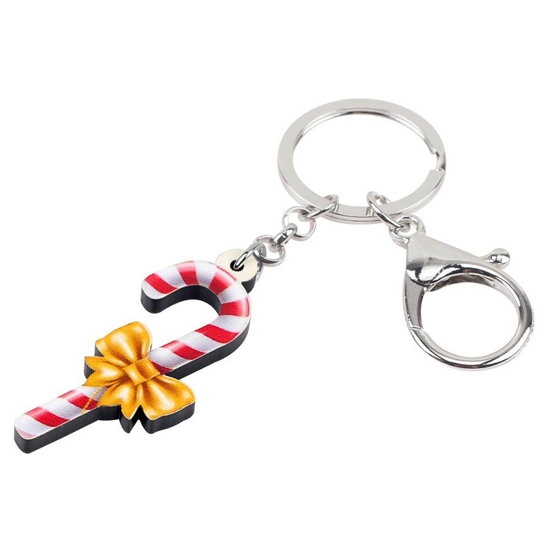 Bonsny akril karácsonyi masni-csomó Candy Cane kulcstartók kulcstartók gyűrűs pénztárca autós medál új dekorációk ékszerek női lányoknak ajándék