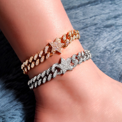 Fashion Iced Out Paved Rhinestone Star Cuban Glezens Гривна за жени Хип-хоп Bling Crystal Link Chain Anklet Крак Бижута за крака