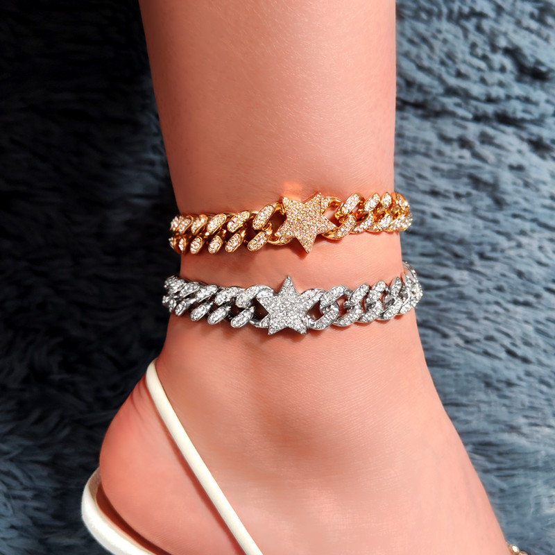 Brățară de gleznă cubaneză cu stea cu stras, pavată cu gheață, pentru femei, Hip Hop, cu lanț de zale de cristal, bijuterii pentru picior.