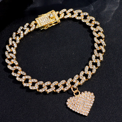 Hip Hop Bling Strass Inimă Cuban Link Lanț de gleznă pentru femei Vară Plaja Cristal Bratara glezna Desculț Bijuterii de lux