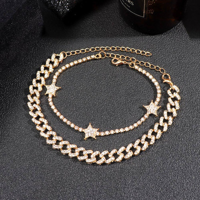 Hip Hop Bling Strass Inimă Cuban Link Lanț de gleznă pentru femei Vară Plaja Cristal Bratara glezna Desculț Bijuterii de lux