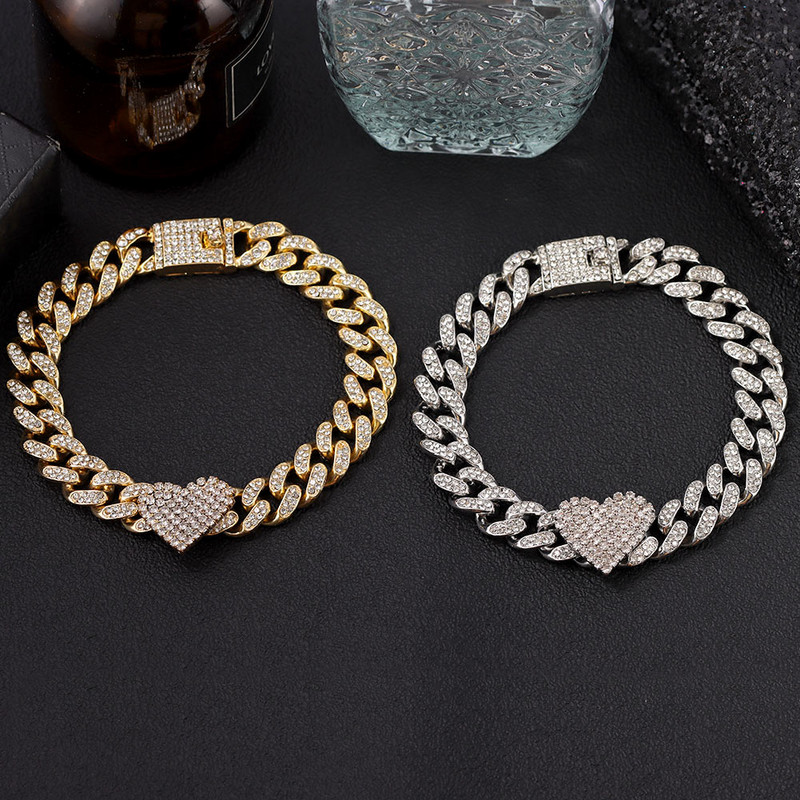 Hip Hop Bling Strass Inimă Cuban Link Lanț de gleznă pentru femei Vară Plaja Cristal Bratara glezna Desculț Bijuterii de lux