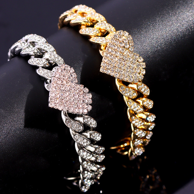 Hip Hop Bling Strass Inimă Cuban Link Lanț de gleznă pentru femei Vară Plaja Cristal Bratara glezna Desculț Bijuterii de lux