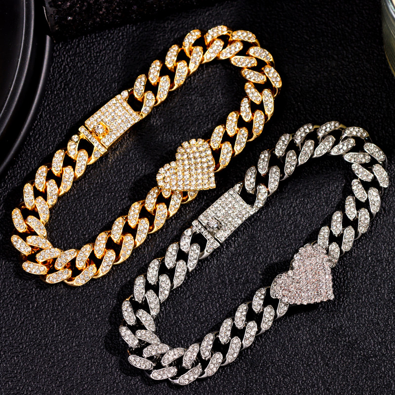Hip Hop Bling Strass Inimă Cuban Link Lanț de gleznă pentru femei Vară Plaja Cristal Bratara glezna Desculț Bijuterii de lux