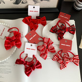 2 бр./лот Новогодишна червена серия Еластични ленти за коса с панделка Държачи за конска опашка Гумени кадифени въжета за коса за момиче