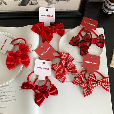 2 db/tétel Újévi Red Series Bowknot elasztikus hajpántok lófarok tartók Gumi bársony kopófogú hajkötelek lányoknak