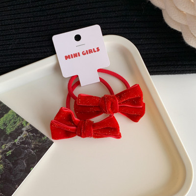 2 бр./лот Новогодишна червена серия Еластични ленти за коса с панделка Държачи за конска опашка Гумени кадифени въжета за коса за момиче