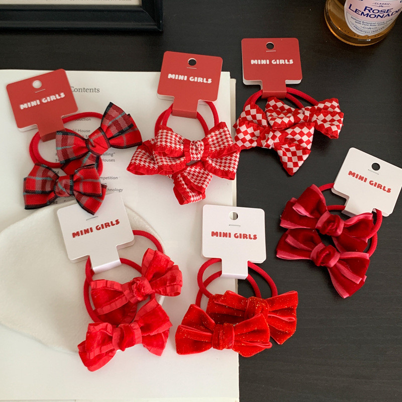 2 бр./лот Новогодишна червена серия Еластични ленти за коса с панделка Държачи за конска опашка Гумени кадифени въжета за коса за момиче