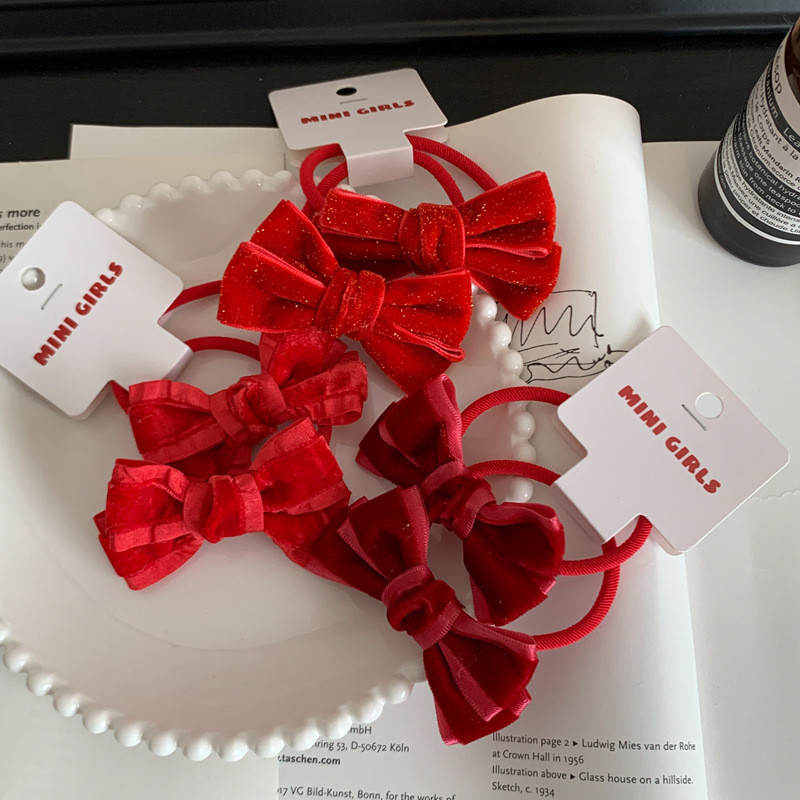 2 бр./лот Новогодишна червена серия Еластични ленти за коса с панделка Държачи за конска опашка Гумени кадифени въжета за коса за момиче