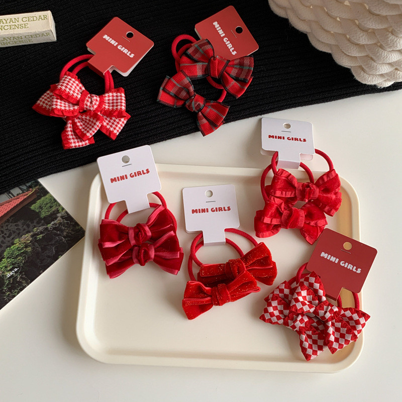 2 бр./лот Новогодишна червена серия Еластични ленти за коса с панделка Държачи за конска опашка Гумени кадифени въжета за коса за момиче
