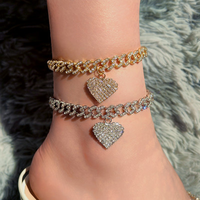 Hip Hop Iced Out Full Crystal Heart Кубински глезени Гривна за жени Блестяща верига от планински кристали Анкет Плажни сандали Бижута