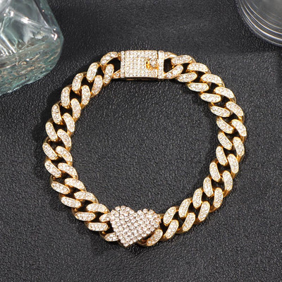 Hip Hop cu gheață, cu inimă de cristal, brățară de gleznă cubaneză pentru femei, stras strălucitor, lanț de gălăgi, sandale de plajă, bijuterii