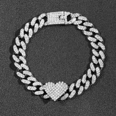 Hip Hop cu gheață, cu inimă de cristal, brățară de gleznă cubaneză pentru femei, stras strălucitor, lanț de gălăgi, sandale de plajă, bijuterii