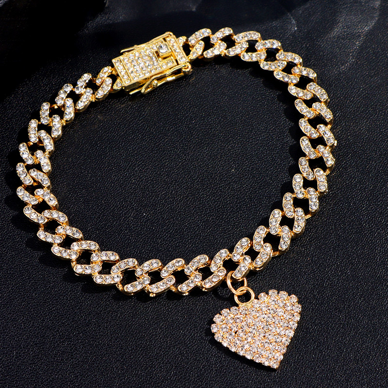 Hip Hop cu gheață, cu inimă de cristal, brățară de gleznă cubaneză pentru femei, stras strălucitor, lanț de gălăgi, sandale de plajă, bijuterii