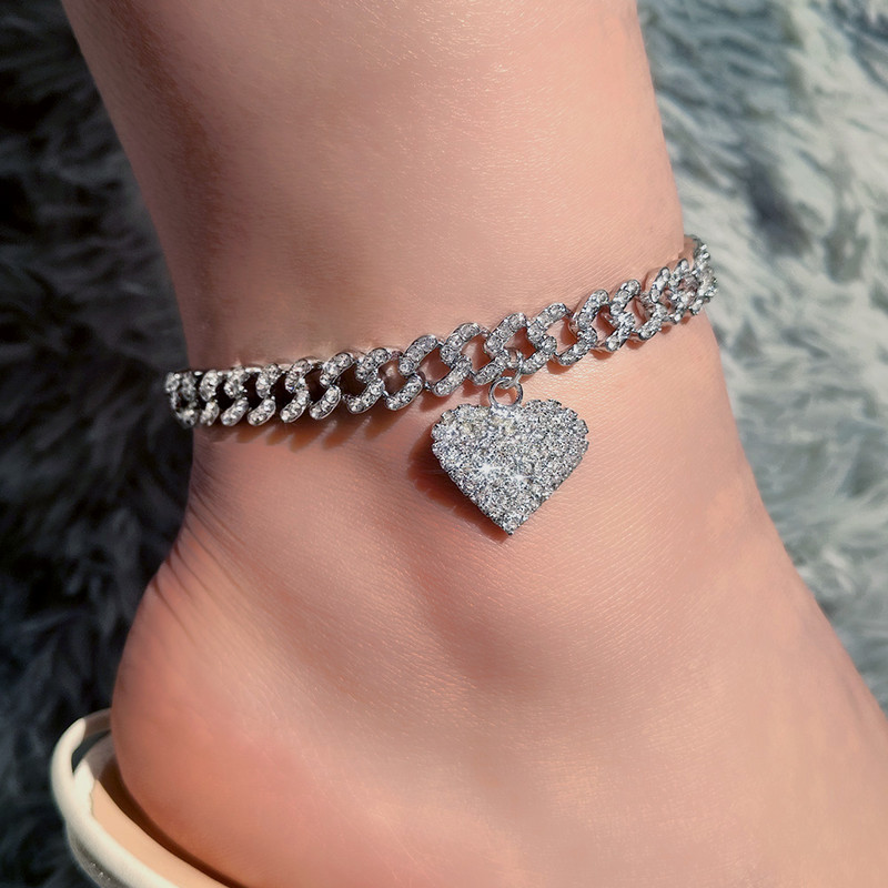 Hip Hop cu gheață, cu inimă de cristal, brățară de gleznă cubaneză pentru femei, stras strălucitor, lanț de gălăgi, sandale de plajă, bijuterii