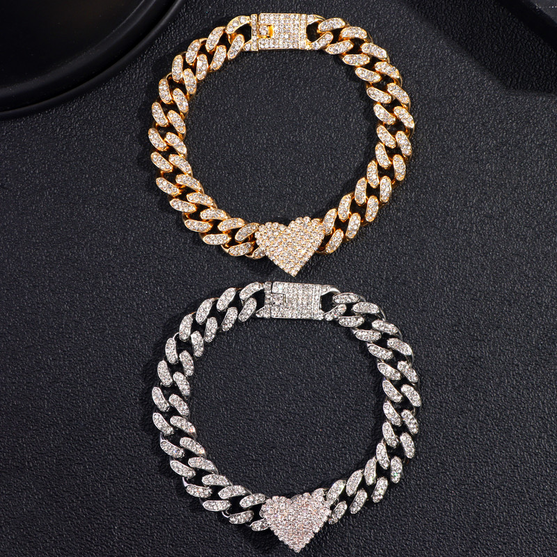 Hip Hop cu gheață, cu inimă de cristal, brățară de gleznă cubaneză pentru femei, stras strălucitor, lanț de gălăgi, sandale de plajă, bijuterii