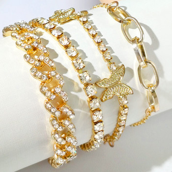 4 бр./компл. Iced Out Rhinestone Cuban Link Chain гривни за глезени Гривна за жени златен цвят Crystal Butterfly тенис глезена бижута за крака