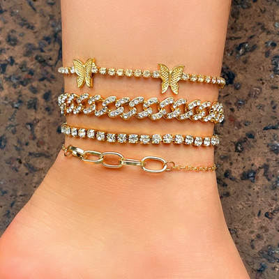 4Pcs/set Iced Out Kubanski karika lančić narukvica za gležnjeve zlatne boje Kristalni leptir teniski narukvica za gležnjeve Nakit za noge