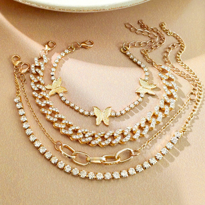 4 bucăți/set Iced Out Strass cu lanț de zale cubaneze gleznă brățară pentru femei de culoare aurie cristal fluture tenis gleznă bijuterii picior