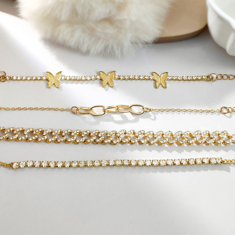 4 bucăți/set Iced Out Strass cu lanț de zale cubaneze gleznă brățară pentru femei de culoare aurie cristal fluture tenis gleznă bijuterii picior
