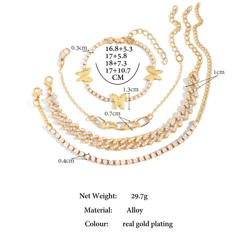 4 bucăți/set Iced Out Strass cu lanț de zale cubaneze gleznă brățară pentru femei de culoare aurie cristal fluture tenis gleznă bijuterii picior