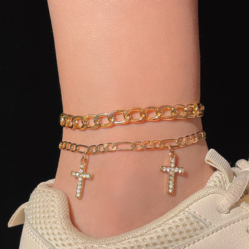 Пънк златист цвят Crystal Cross Glezens Гривна за жени Проста метална връзка верига Anklet Летни плажни сандали на крака Крак Бижута