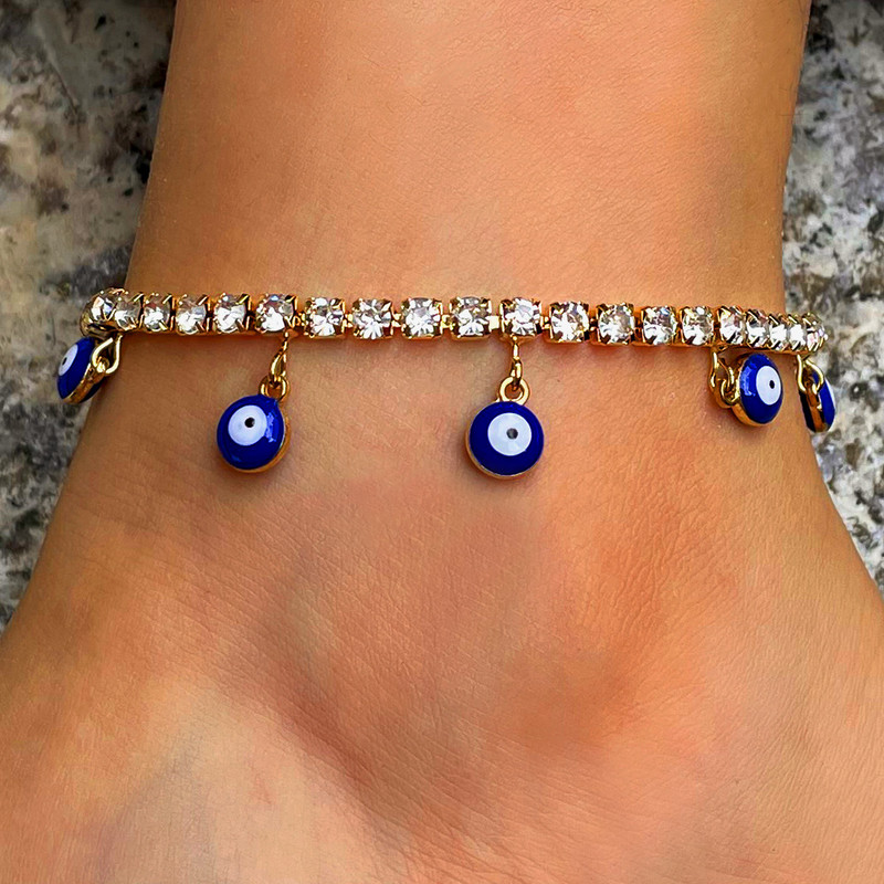 Lanț de picior cu strasuri hip hop, mărgele de ochi rău, brățară de gleznă pentru femei, cristal de tenis, gleznă, sandale de plajă, bijuterii