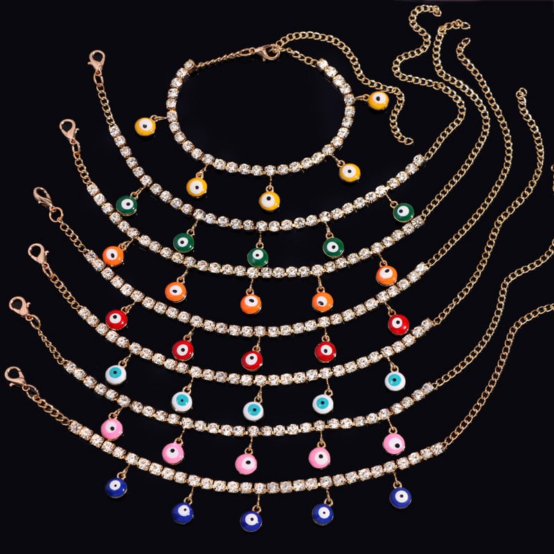 Lanț de picior cu strasuri hip hop, mărgele de ochi rău, brățară de gleznă pentru femei, cristal de tenis, gleznă, sandale de plajă, bijuterii