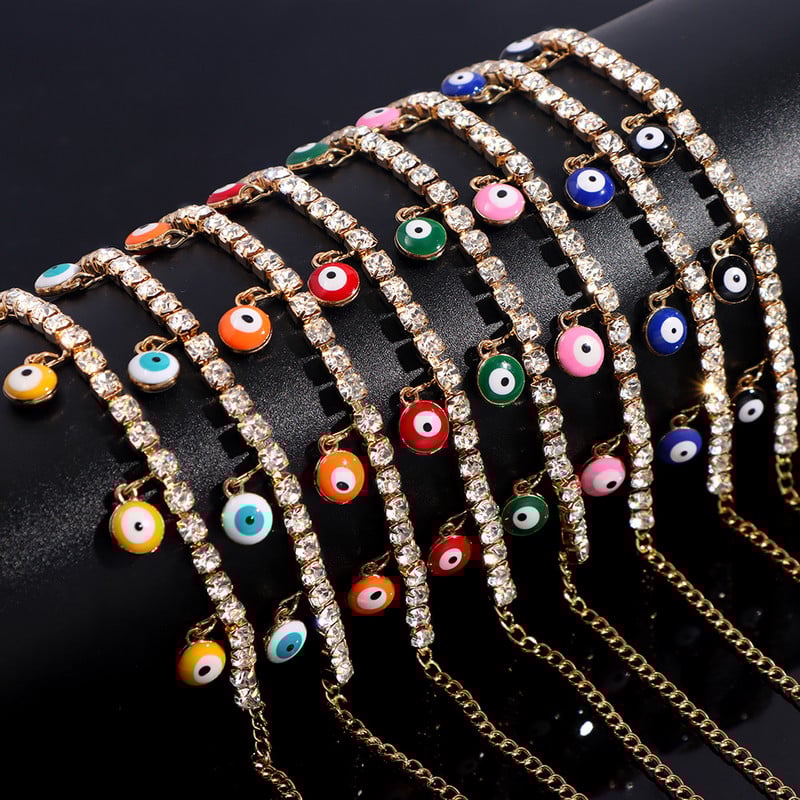 Lanț de picior cu strasuri hip hop, mărgele de ochi rău, brățară de gleznă pentru femei, cristal de tenis, gleznă, sandale de plajă, bijuterii