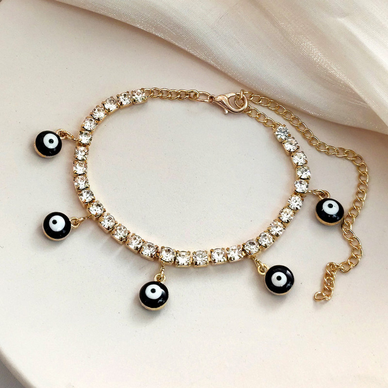 Lanț de picior cu strasuri hip hop, mărgele de ochi rău, brățară de gleznă pentru femei, cristal de tenis, gleznă, sandale de plajă, bijuterii