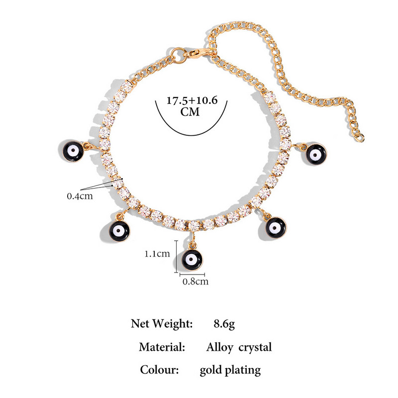 Lanț de picior cu strasuri hip hop, mărgele de ochi rău, brățară de gleznă pentru femei, cristal de tenis, gleznă, sandale de plajă, bijuterii