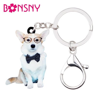 Ochelari acrilic Bonsny Welsh Corgi Pembroke Câine Breloc Brelocuri Inele Bijuterii cu animale pentru femei Fete Lady Lady Charms