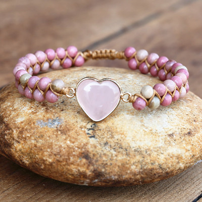 4mm Rhodonit Pink Crystal Heart Charm Brățări Femei Boemia Yoga Snur împletit Lover Wrap Brățară Bijuterii lucrate manual