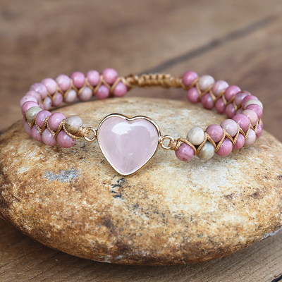 4mm Rhodonit Pink Crystal Heart Charm Brățări Femei Boemia Yoga Snur împletit Lover Wrap Brățară Bijuterii lucrate manual