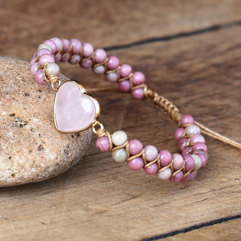 4mm Rhodonit Pink Crystal Heart Charm Brățări Femei Boemia Yoga Snur împletit Lover Wrap Brățară Bijuterii lucrate manual