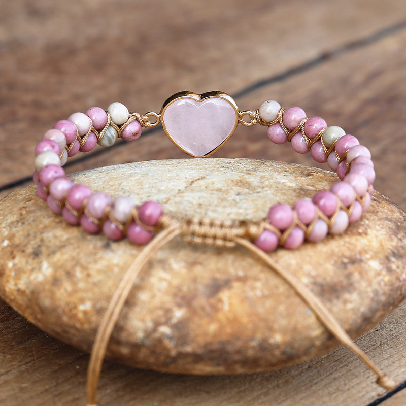 4mm Rhodonit Pink Crystal Heart Charm Brățări Femei Boemia Yoga Snur împletit Lover Wrap Brățară Bijuterii lucrate manual