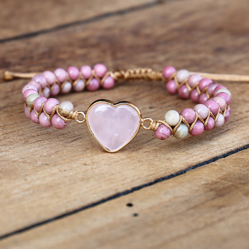4mm Rhodonit Pink Crystal Heart Charm Brățări Femei Boemia Yoga Snur împletit Lover Wrap Brățară Bijuterii lucrate manual