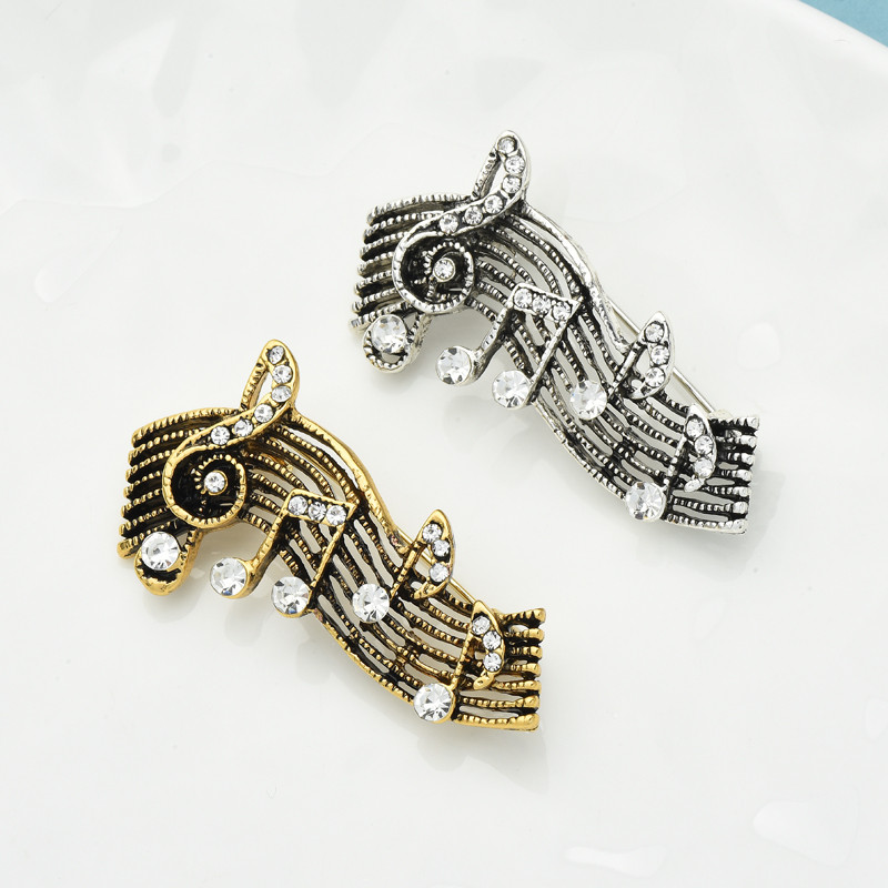 Wuli&baby Broșe cu note muzicale vintage pentru femei bărbați 2 culori strasuri pentru iubitorii de muzică, broșă pentru birou, cadouri