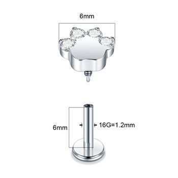 1PC Титан 16G Blaze Paw Shape Labret Lip Stud Piercings Циркон Вътрешна резба Пиърсинг на ушния хрущял Tragus Helix Бижута