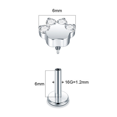 1PC Titan 16G Blaze Paw Forma Labret Lip Stud Piercings Zircon File Intern Cartilaj Ureche Tragus Helix Piercing Bijuterii