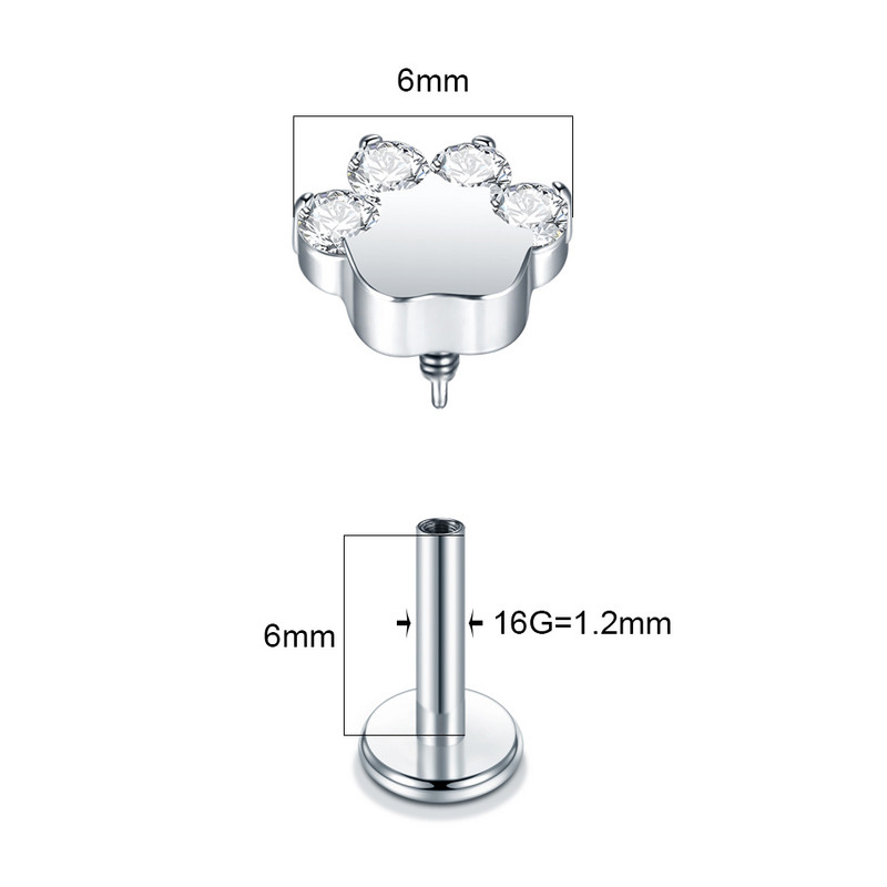 1PC Titan 16G Blaze Paw Forma Labret Lip Stud Piercings Zircon File Intern Cartilaj Ureche Tragus Helix Piercing Bijuterii
