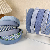 Benzile de păr late de modă pentru femei Tochiu de cap cu lunetă Solid albastru în carouri Bentita de păr pentru fete Banda de păr Cerc Accesorii de păr