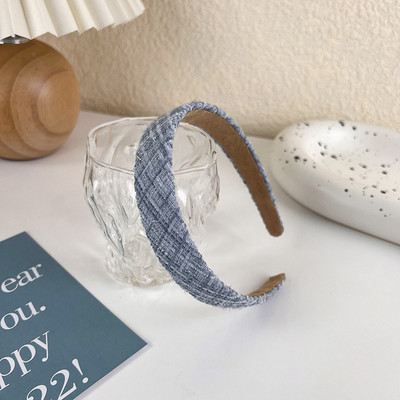 Benzile de păr late de modă pentru femei Tochiu de cap cu lunetă Solid albastru în carouri Bentita de păr pentru fete Banda de păr Cerc Accesorii de păr